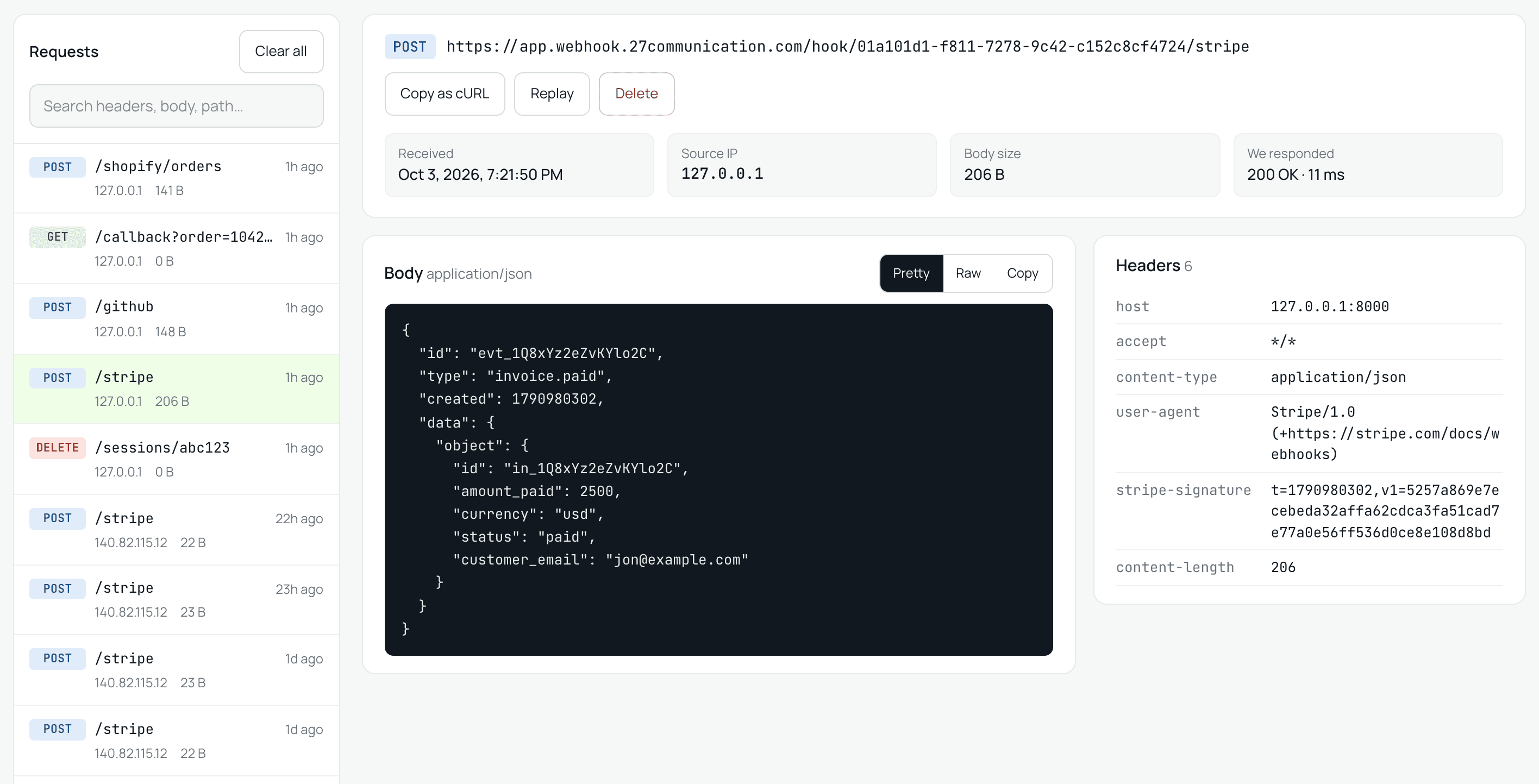 The 27Webhook inspector: captured requests on the left, and the selected Stripe request with its JSON body first and its headers alongside.
