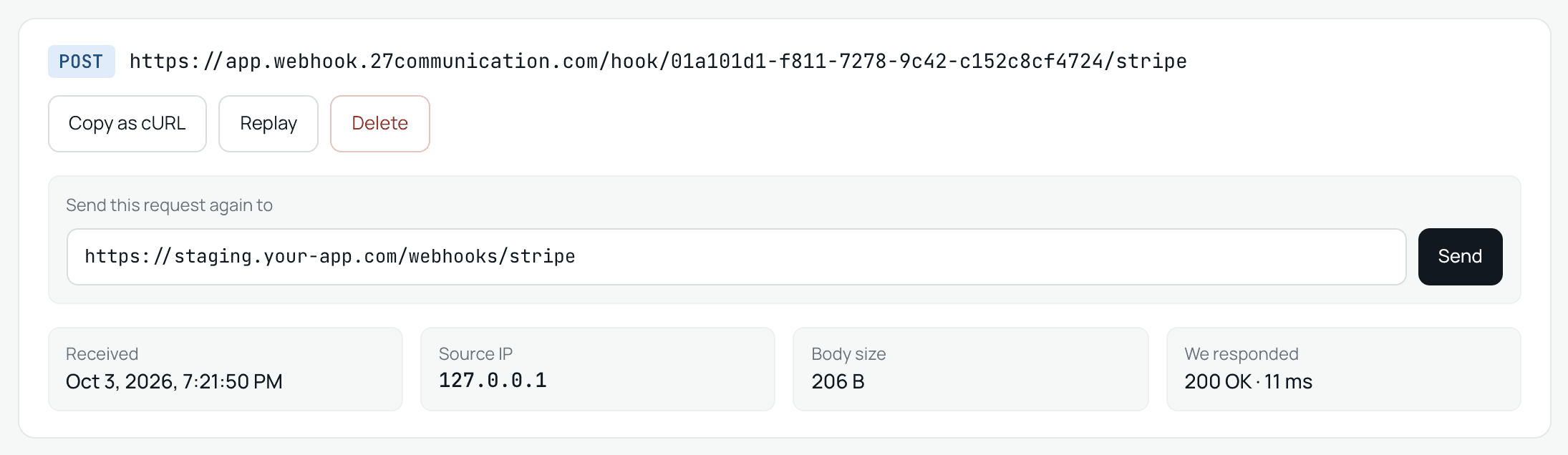 A captured Stripe request with the replay form open, ready to send it again to a staging webhook URL.