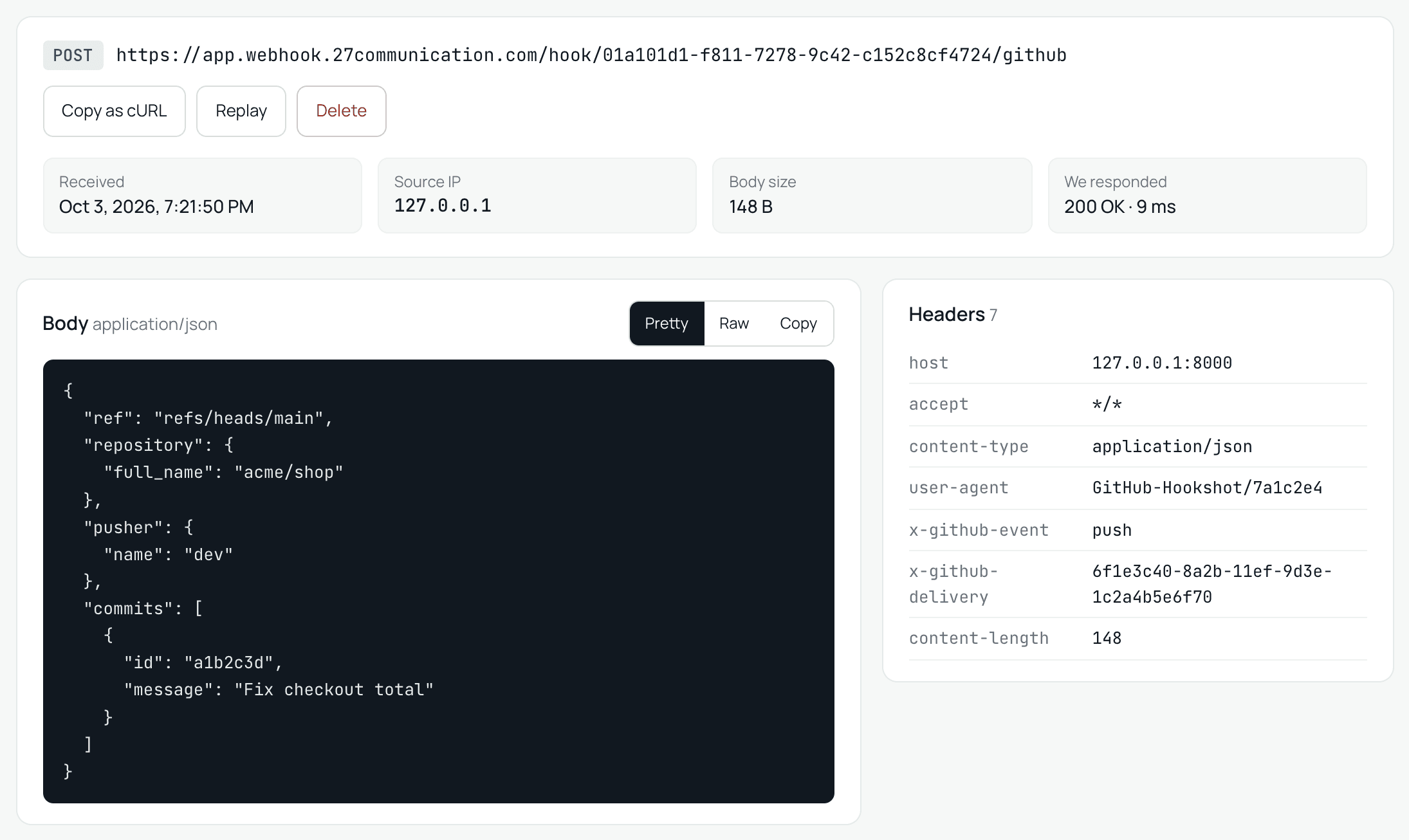 Request detail for a GitHub push: the pretty-printed JSON body next to its seven headers.
