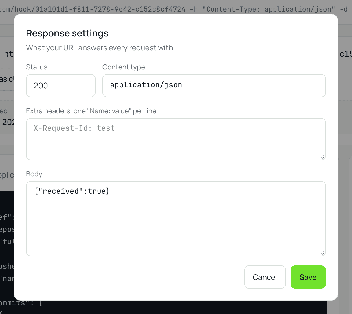 The response settings dialog with status 200, a JSON content type and a response body.